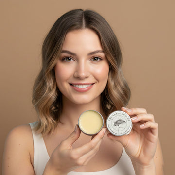 Woman holding a cosmetic product with a beige background
