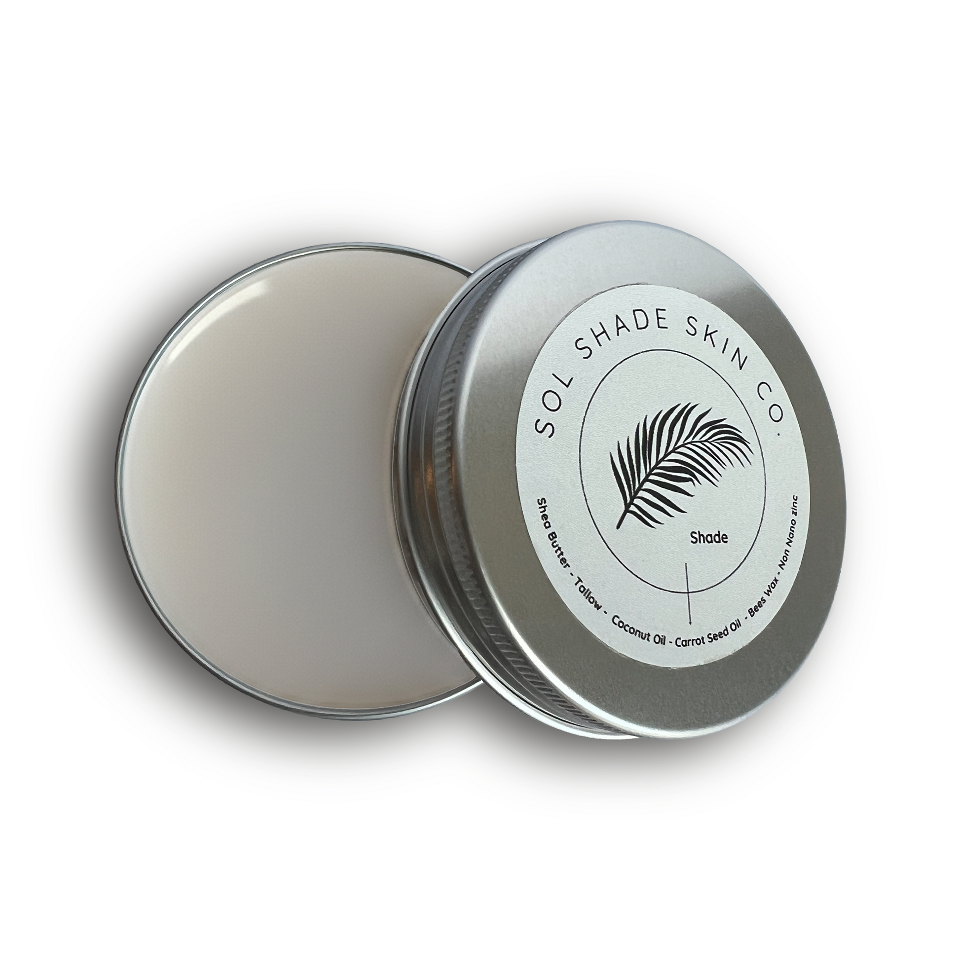 Silver tin with 'Sol Shade Skin Co' label on a white background