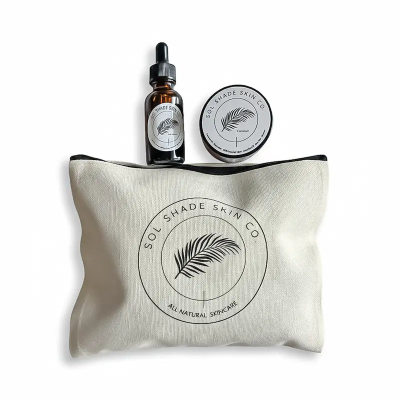 Skincare products including a bottle and jar on a Sol Shade Skin Co pouch.