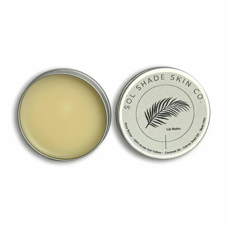 Lip balm in a metal tin with 'Sol Shade Skin Co.' label on a white background